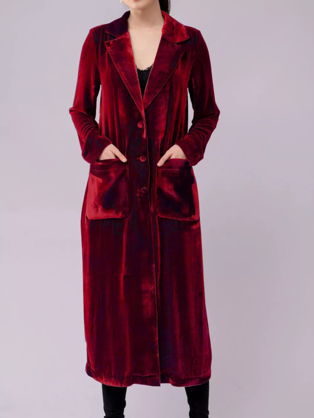 Velvet Lapel Collar Longline Coat, image 13