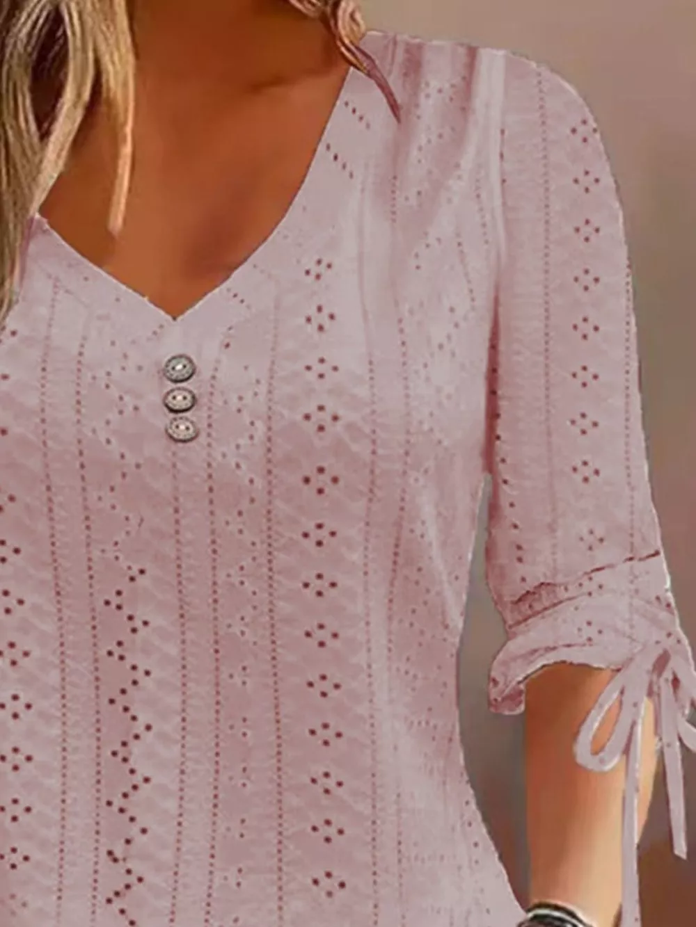 Full Size V-Neck Eyelet Drawstring Sleeve Top Plus Size, image 10