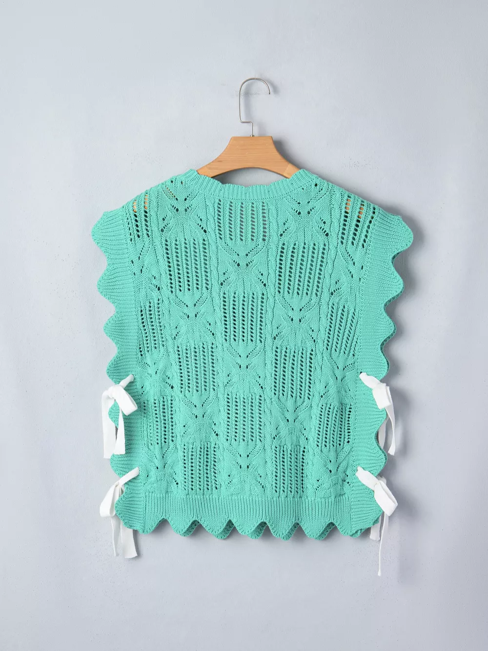 Pointelle Knit Patterned Scalloped Trim Short Sleeve Sweater, image 6