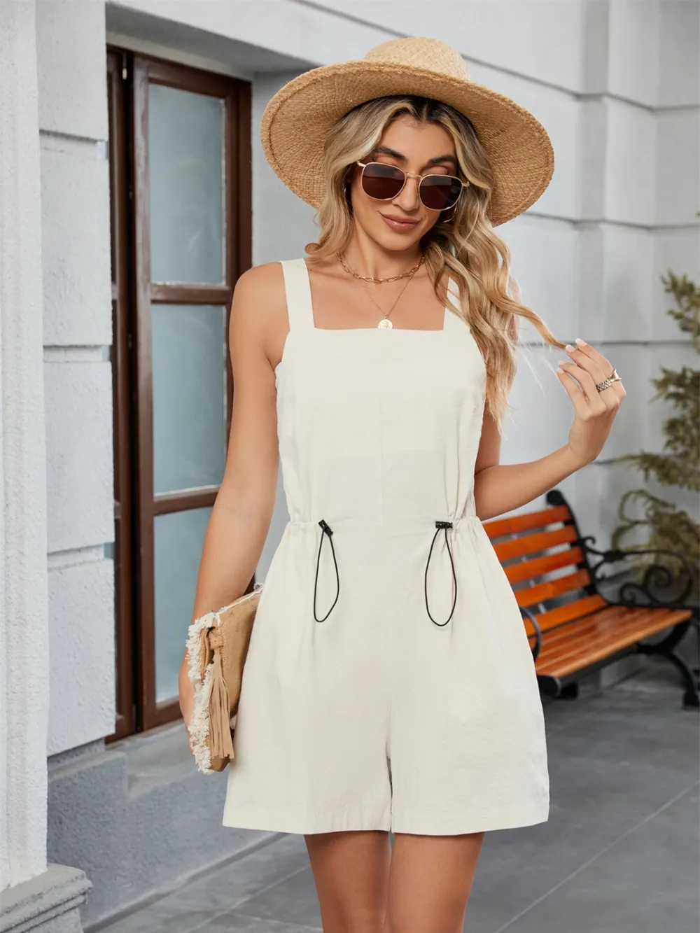 Drawstring Wide Strap Romper with Pockets, image 18