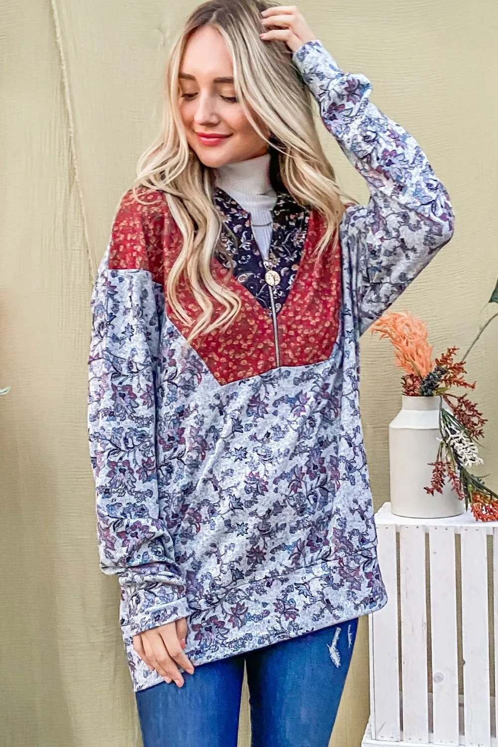 Printed Half Zip Up Long Sleeve Hoodie, image 3