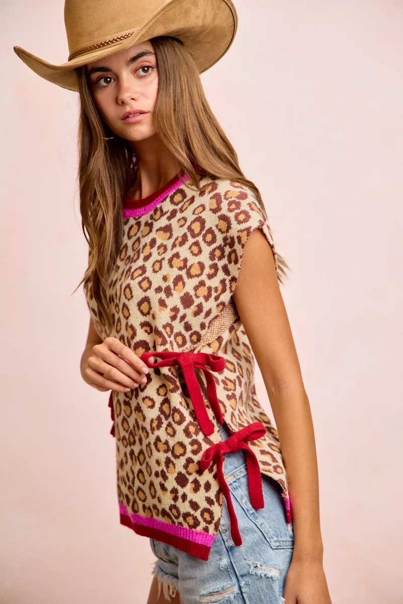 BiBi Leopard Pattern Side Tied Sweater Vest Top, image 6