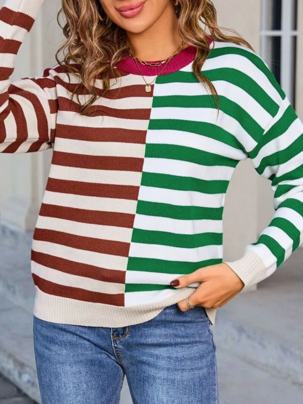 Striped Round Neck Long Sleeve Sweater, image 9