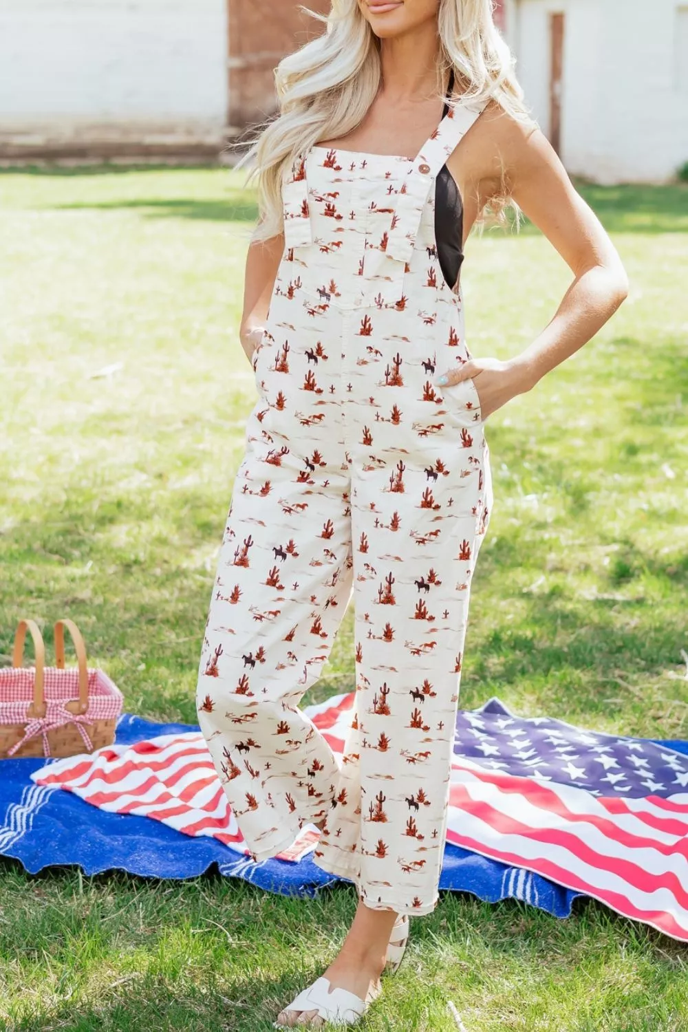 Western Printed Button Adjustable Straps Loose Jumpsuit, image 6