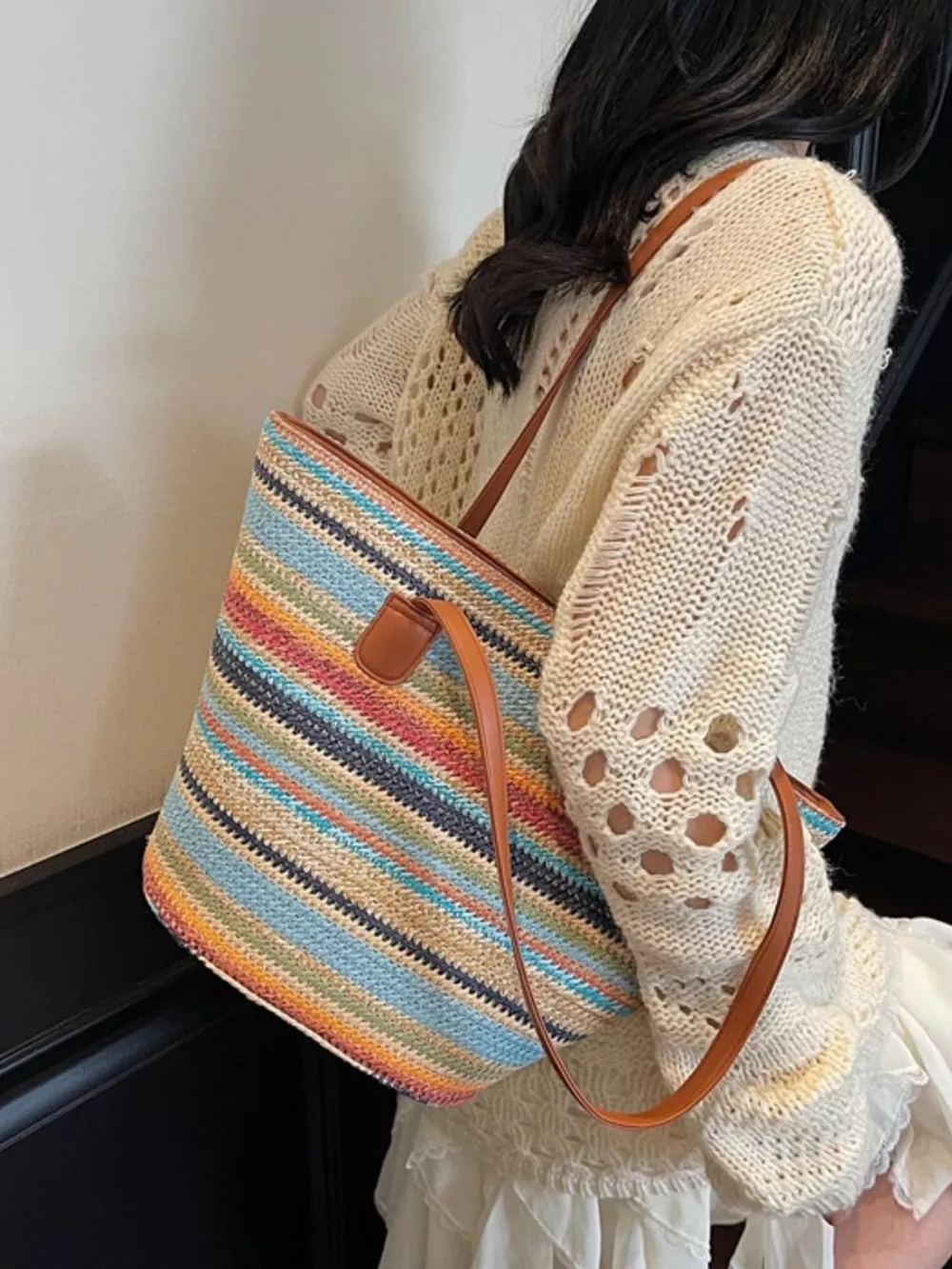 Striped Woven Shoulder Bag, image 4
