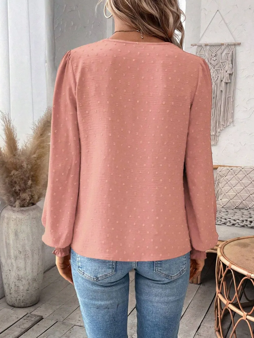 Swiss Dot Lace Detail Notched Long Sleeve Blouse, image 27