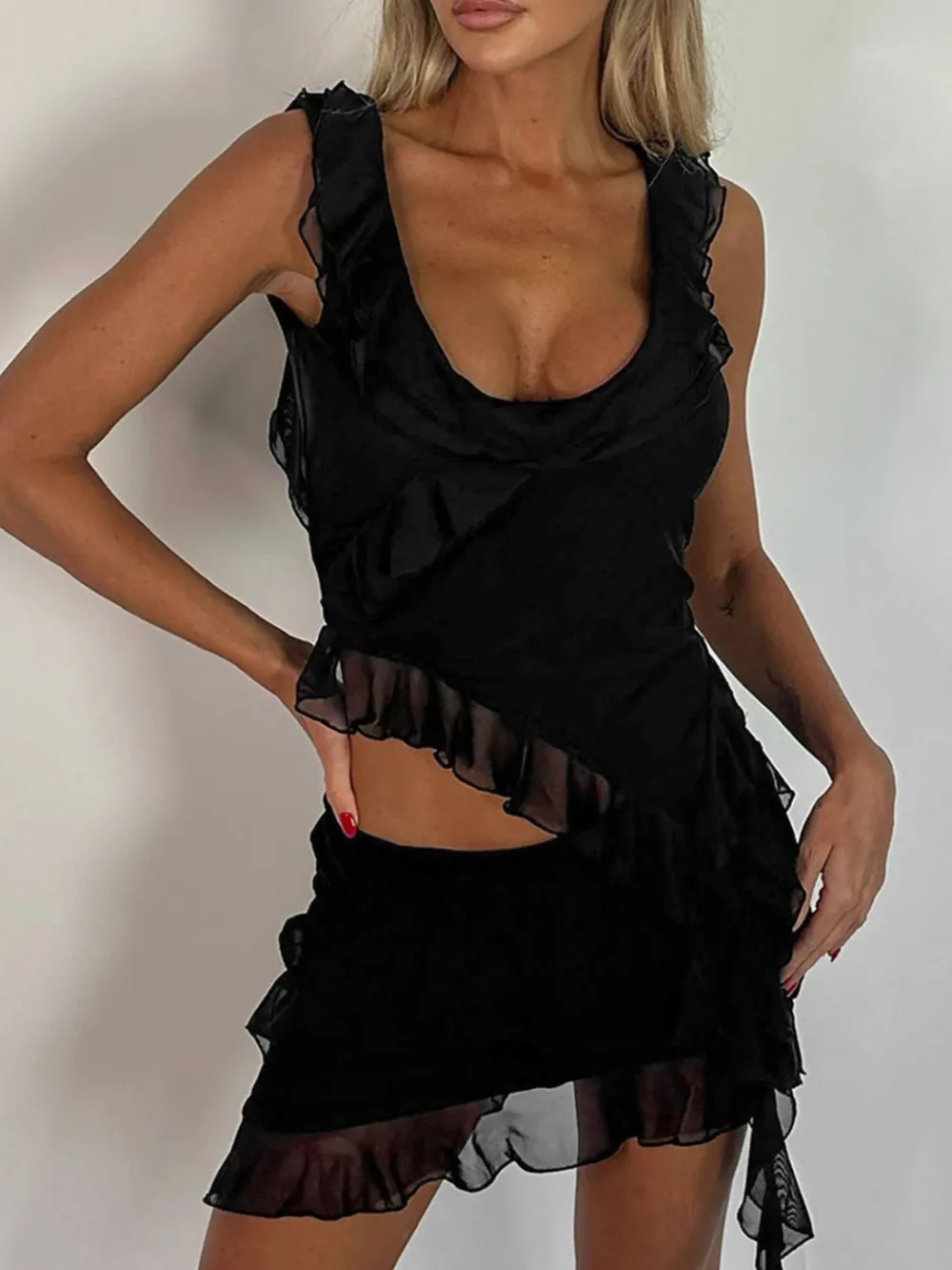 Ruffled Scoop Neck Tank and Skirt Set