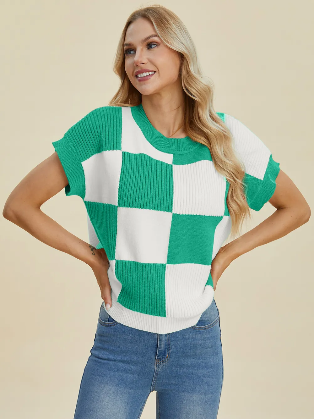 Full Size Checkered Round Neck Short Sleeve Sweater, image 19