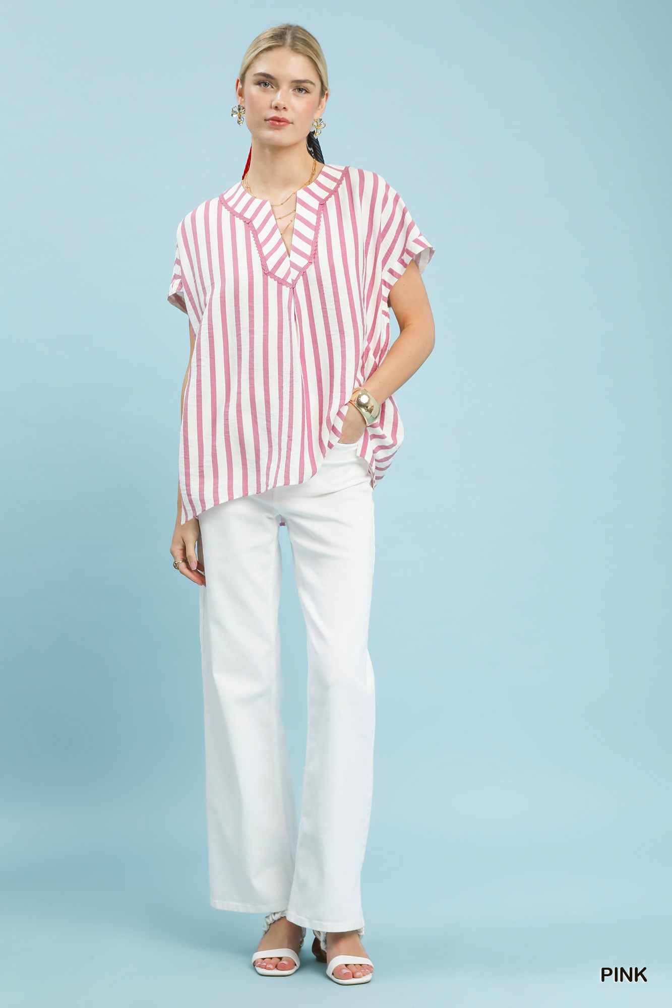 Mixed Stripe Split Neck Oversized Blouse, image 3