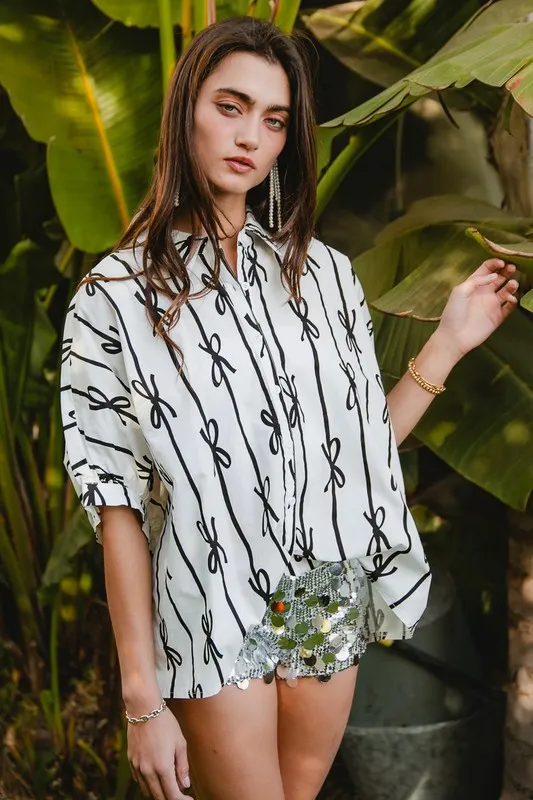 Bow Ribbon Woven Printed Button Down Shirt, image 3