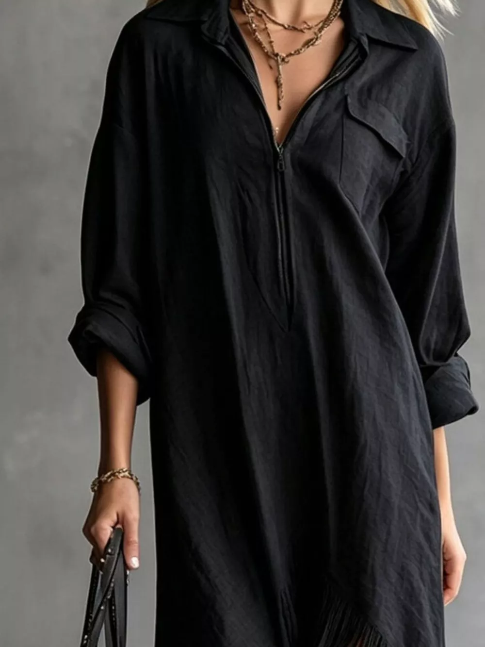 Zipper-Front Fringe Hem Midi Dress, image 12