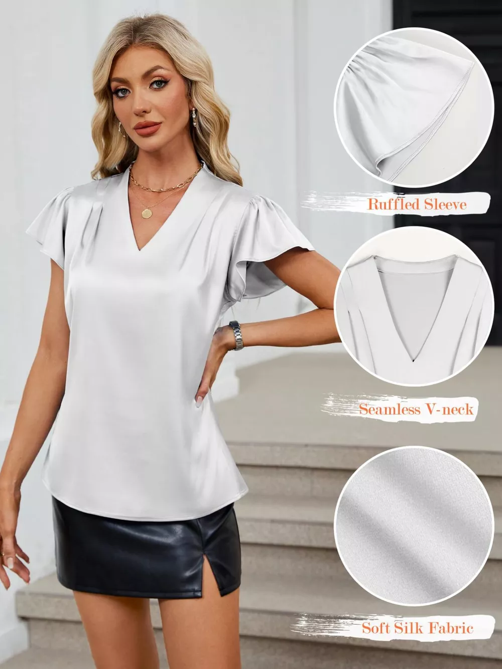 Satin V-Neck Flutter Sleeve Blouse, image 17