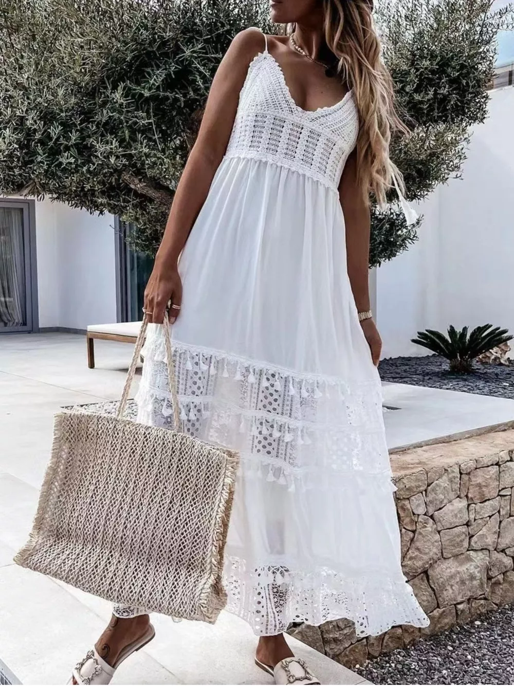 Full Size Bohemian Crochet Trimmed Cami Dress with Tassel Trim Plus Size, image 5