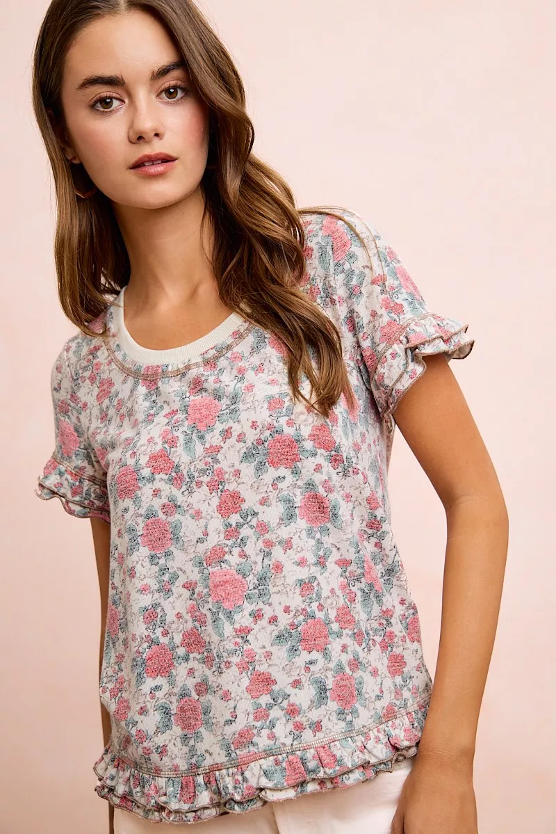 BiBi Rose Printed Slub Knit Ruffled Sleeves Top, image 10