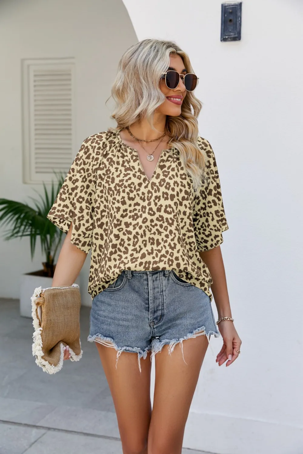 Leopard Notched Half Sleeve Blouse, image 15