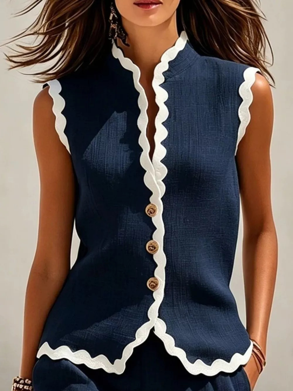 Full Size Contrast Scalloped Trim Sleeveless Top and Shorts Set Plus Size, image 8