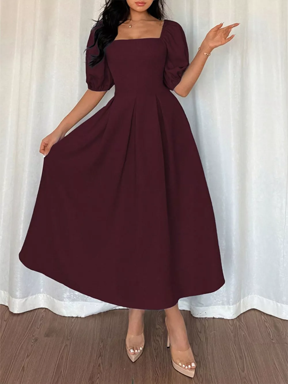 Square Neck Flutter Sleeve Midi Dress, image 4