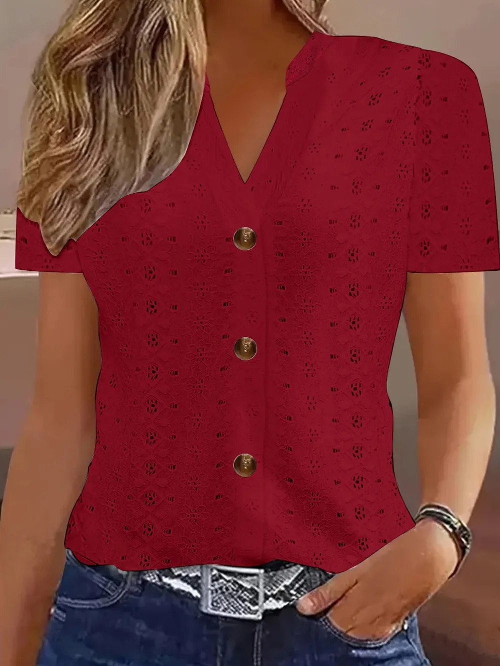 Openwork Notched Short Sleeve Top, image 16