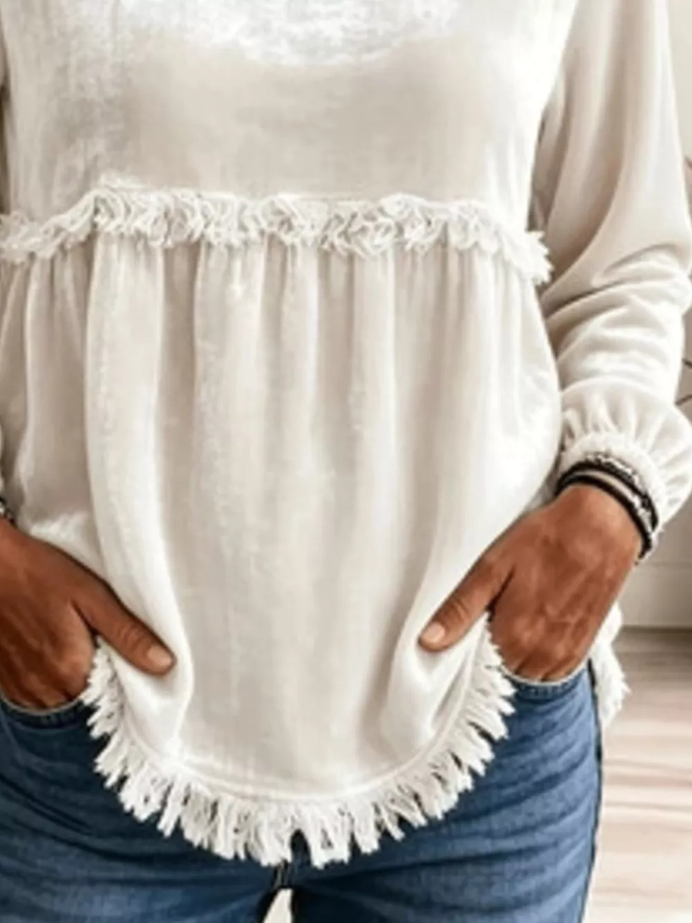 Fringed Hem Long Sleeve T-Shirt, image 3