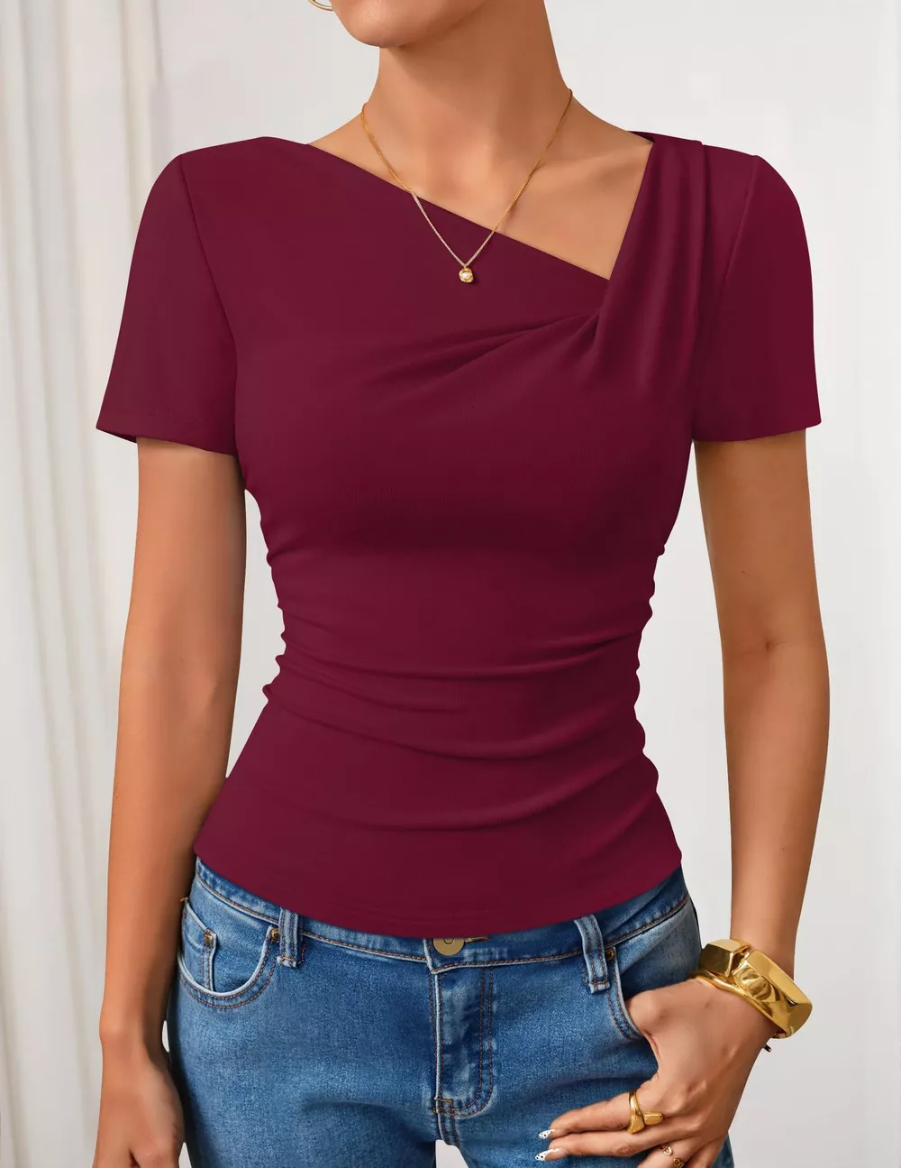Asymmetrical Neckline Fitted T-Shirt, image 14