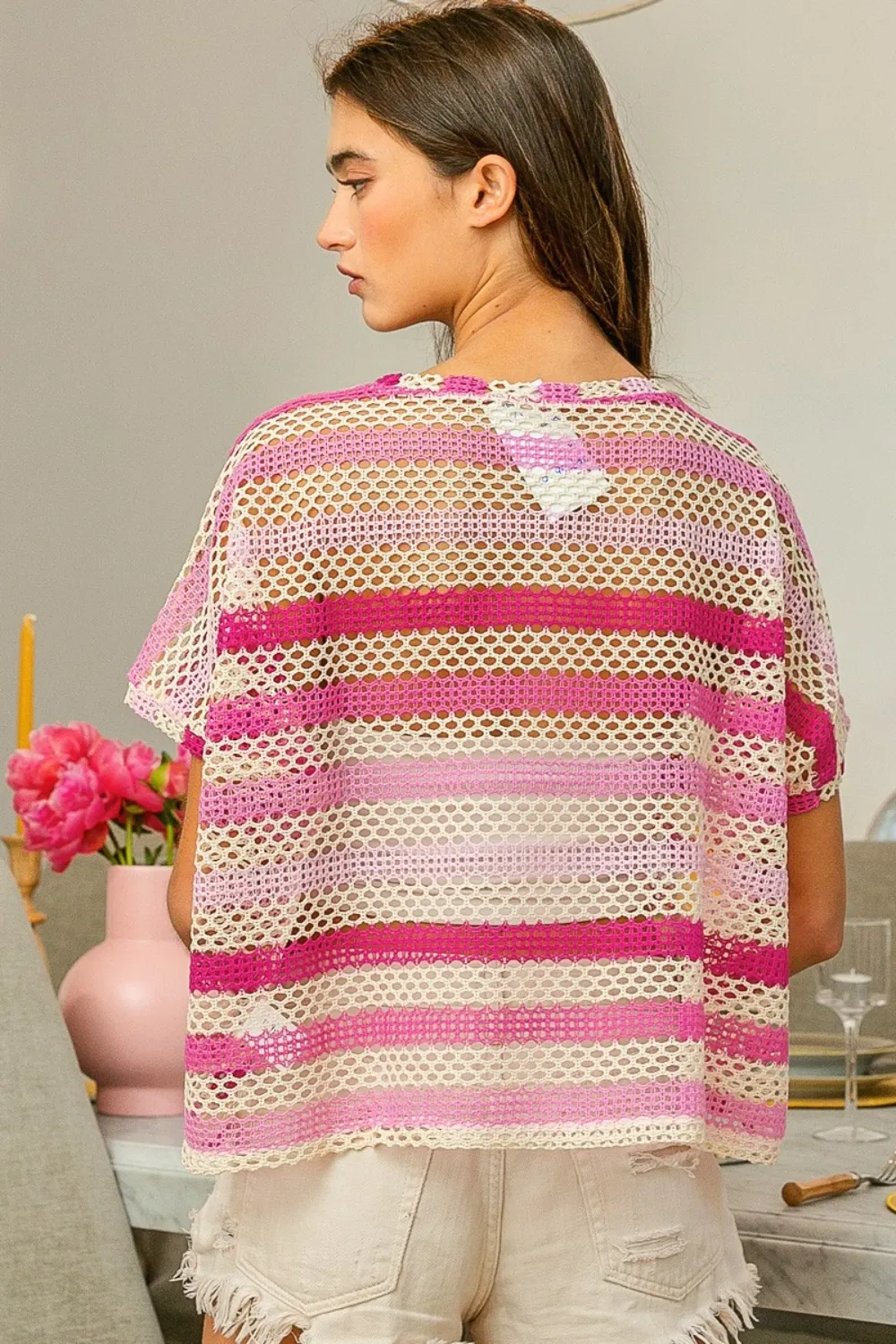 Striped Openwork Short Sleeve Knit Cover Up, image 2