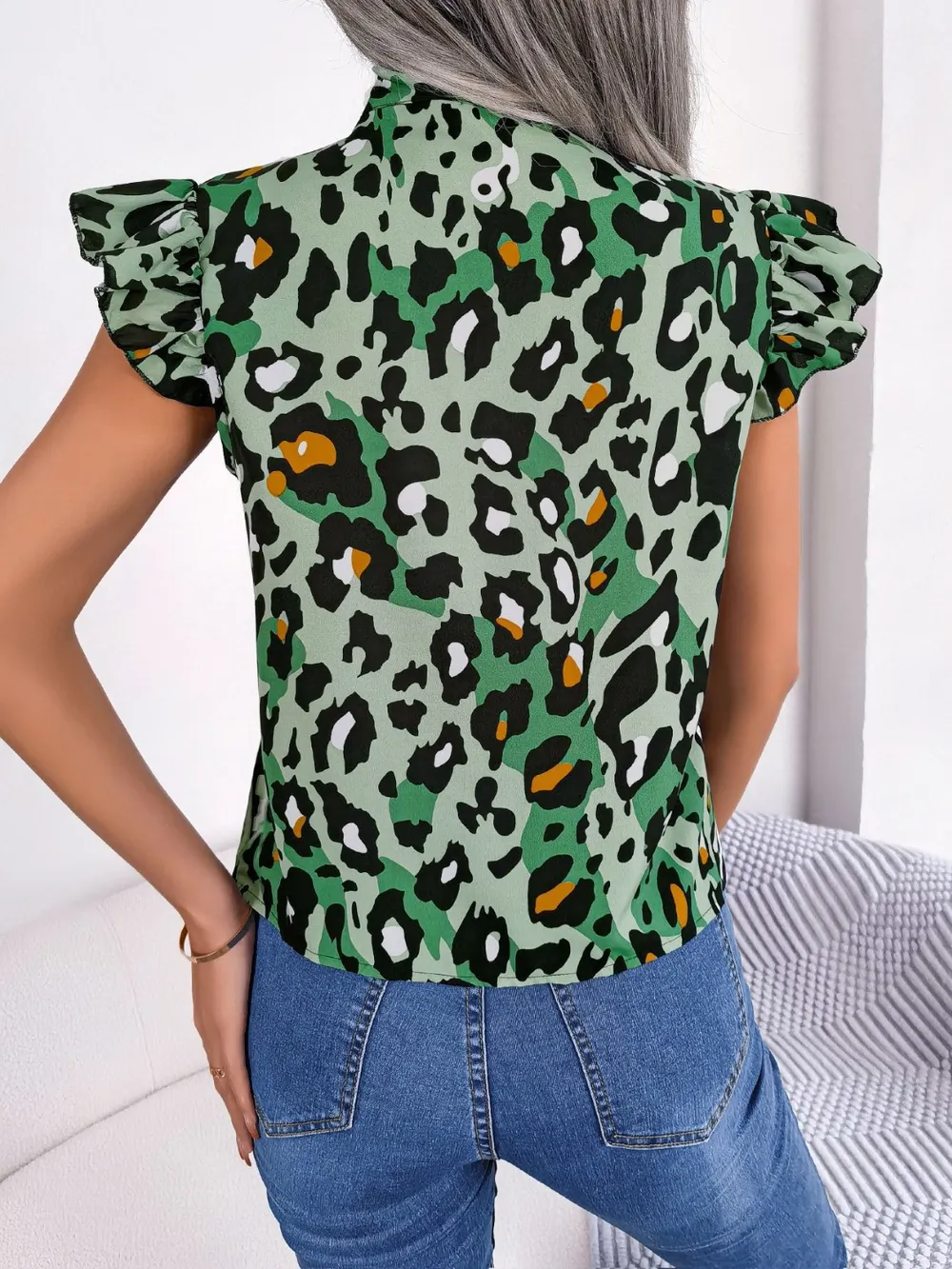 Leopard Tie Neck Cap Sleeve Blouse, image 16