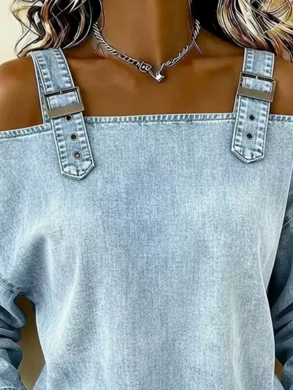 Full Size Buckle Strap Long Sleeve Denim Top Plus Size, image 3