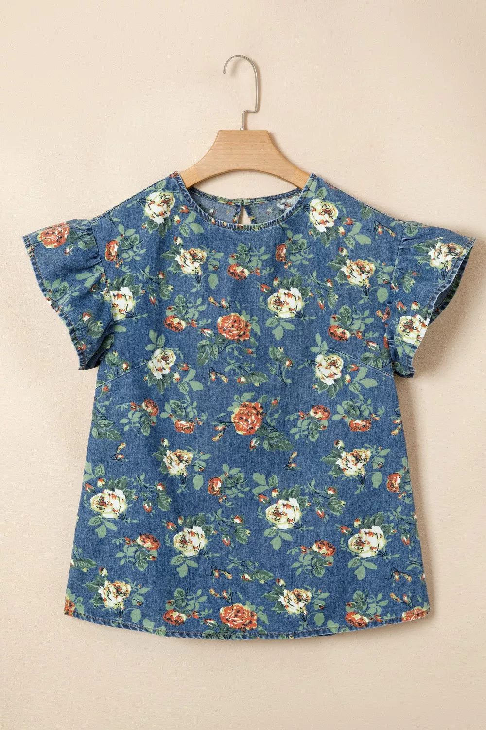 Ruffled Short Sleeve Floral Denim Top, image 3