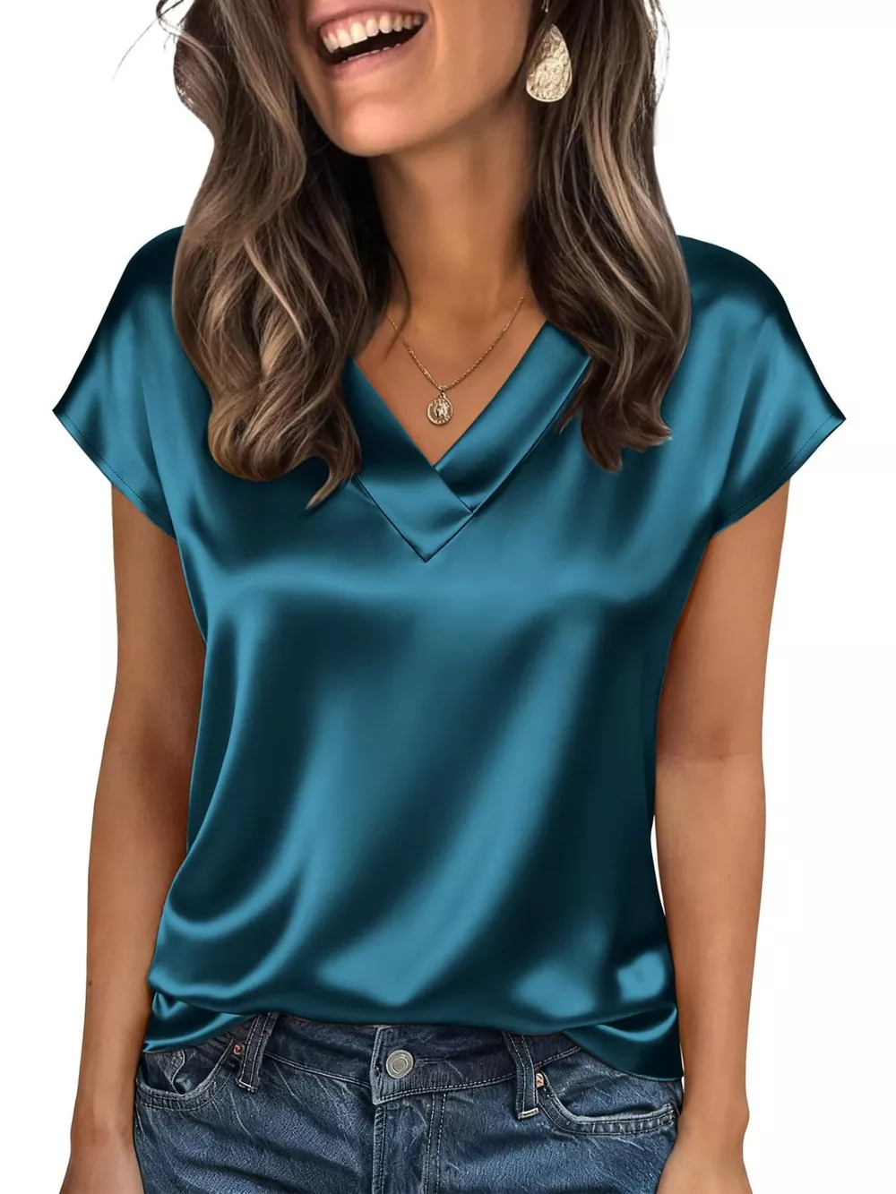 Satin V-Neck Cap Sleeve Blouse, image 2