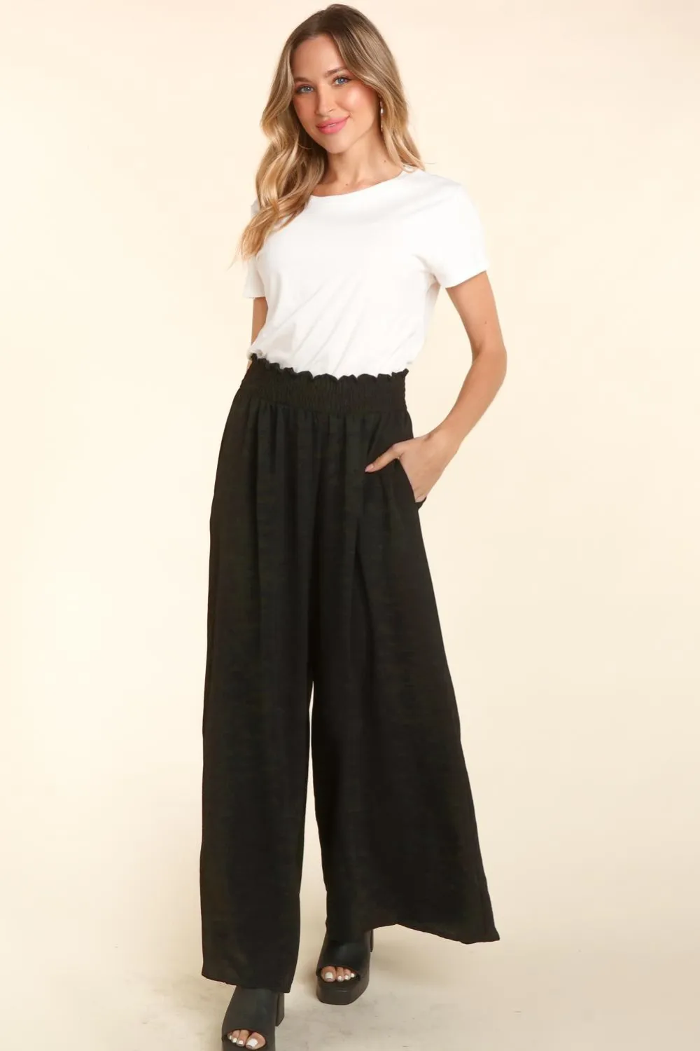 Elastic Waist Wide Leg Pants with Pockets, image 3