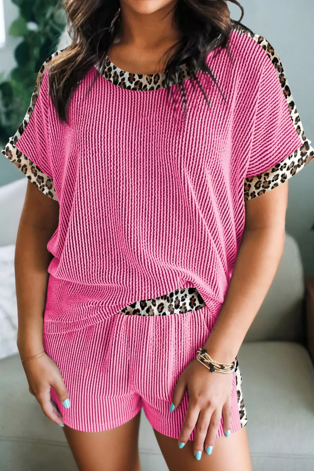 Leopard Trim Twist Ribbed Top and Shorts Set, image 4
