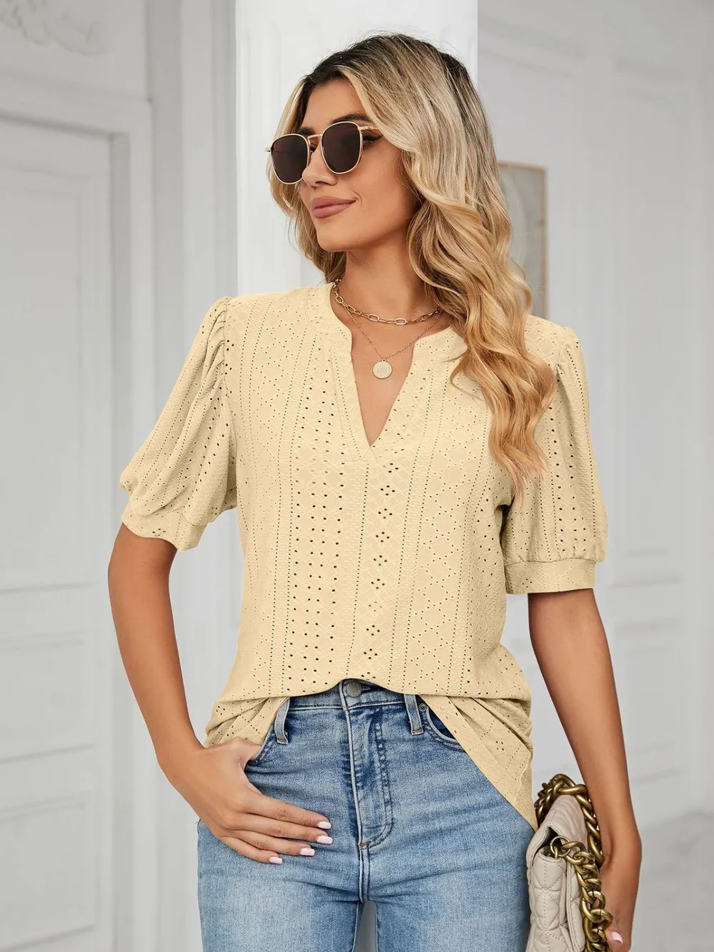 Eyelet Notched Short Sleeve T-Shirt, image 19