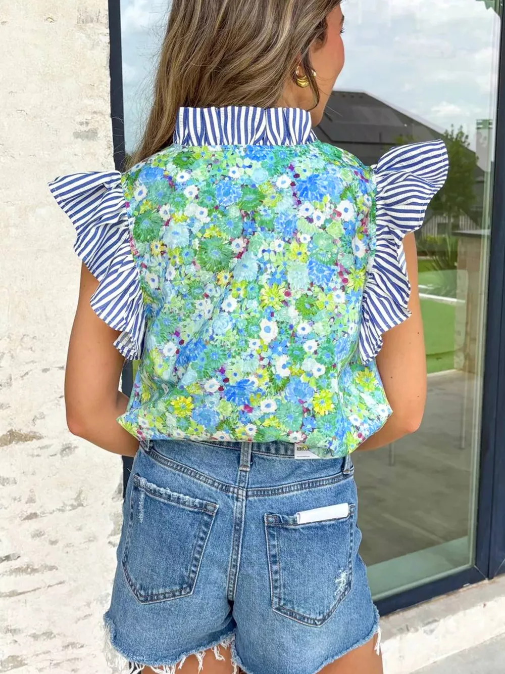 Floral Painting Print Striped Patchwork Flutter Sleeve V Neck Blouse, image 3