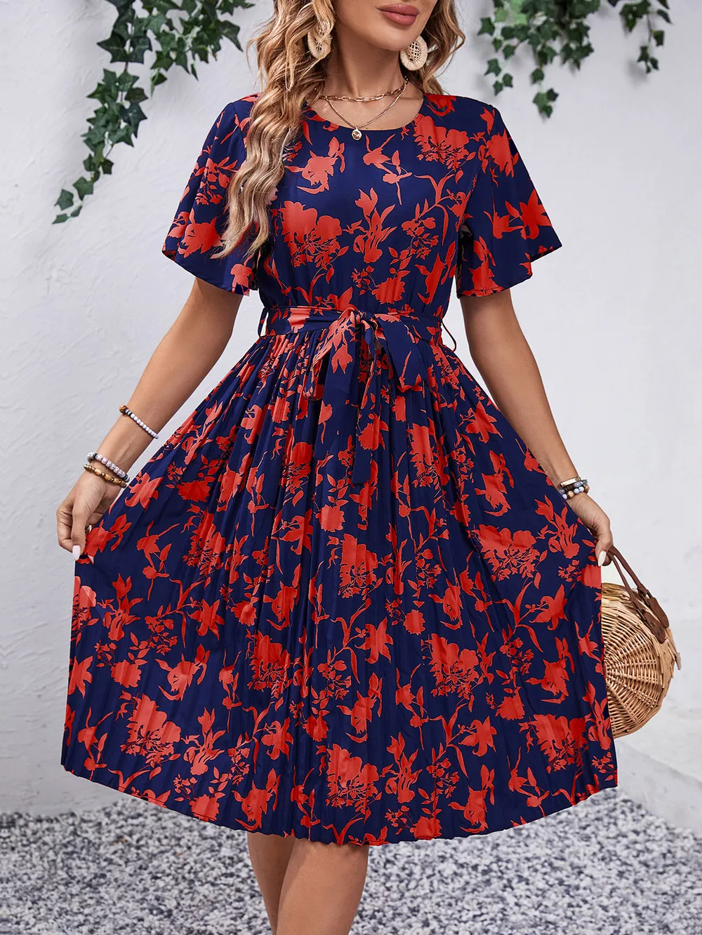 Printed Round Neck Short Sleeve Dress, image 6