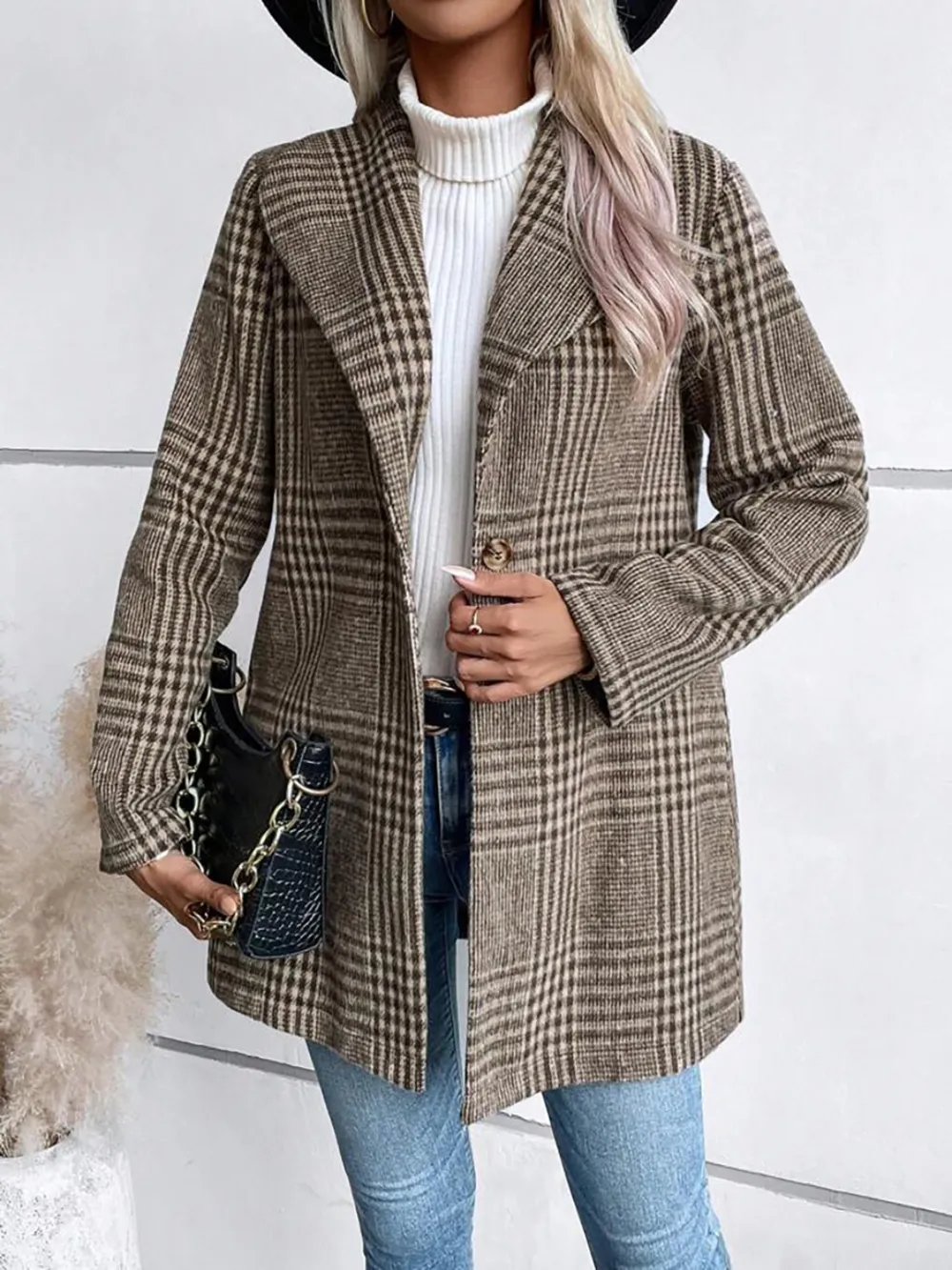 Plaid Collared Neck Long Sleeve Jacket, image 7
