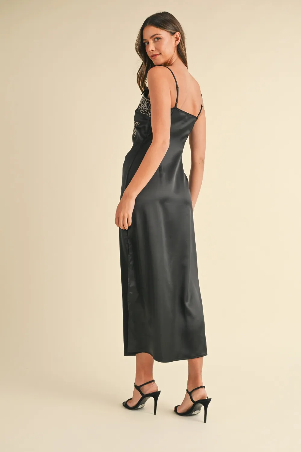 Embroidered Cami Satin Midi Slit Dress, image 2