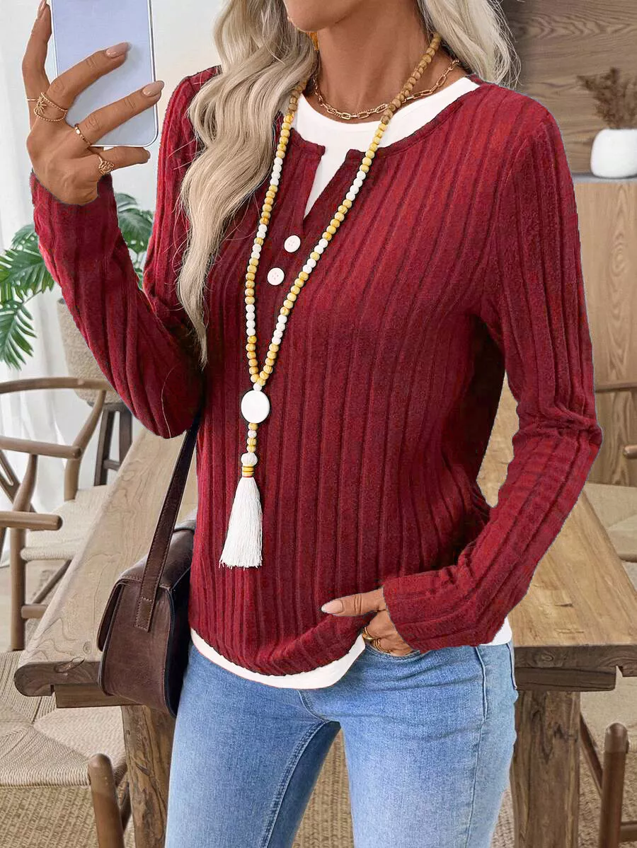 Ribbed Knit Long Sleeve Fake Two-Piece T-Shirt, image 14