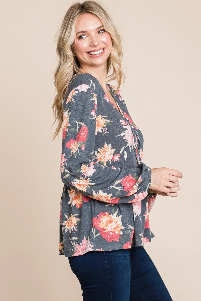 Full Size Babydoll Floral Long Sleeve Blouse, image 3