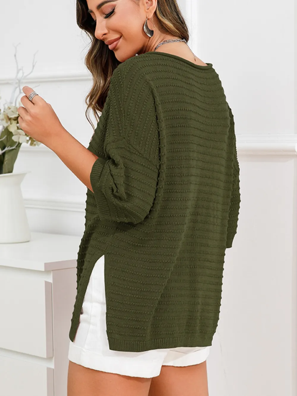 Rolled Round Neck Dropped Shoulder Slit Sweater, image 10