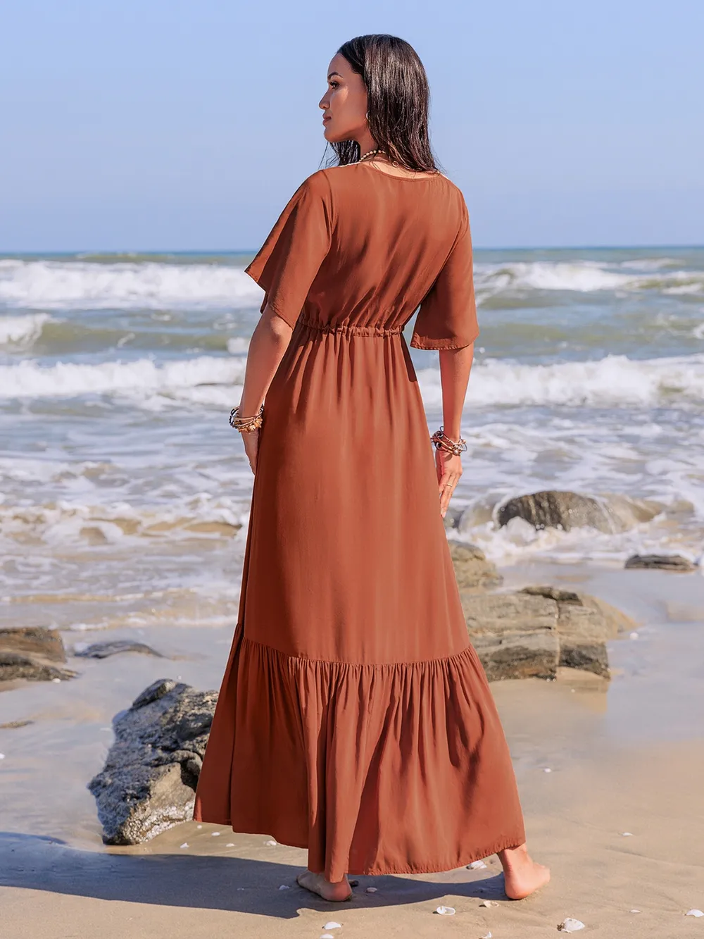 Ruffled Tassel V-Neck Flutter Sleeve Dress, image 7