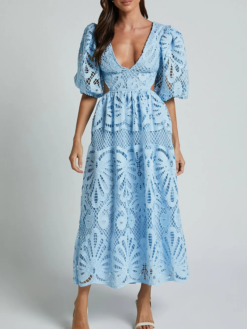 Cutout Back Lace Crochet V-Neck Dress, image 10