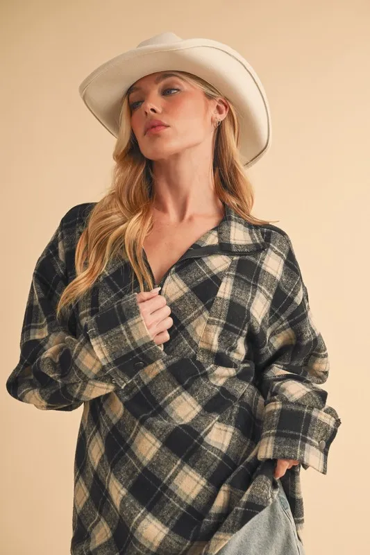 Slit Plaid Half Zip Drop Shoulder Top, image 4