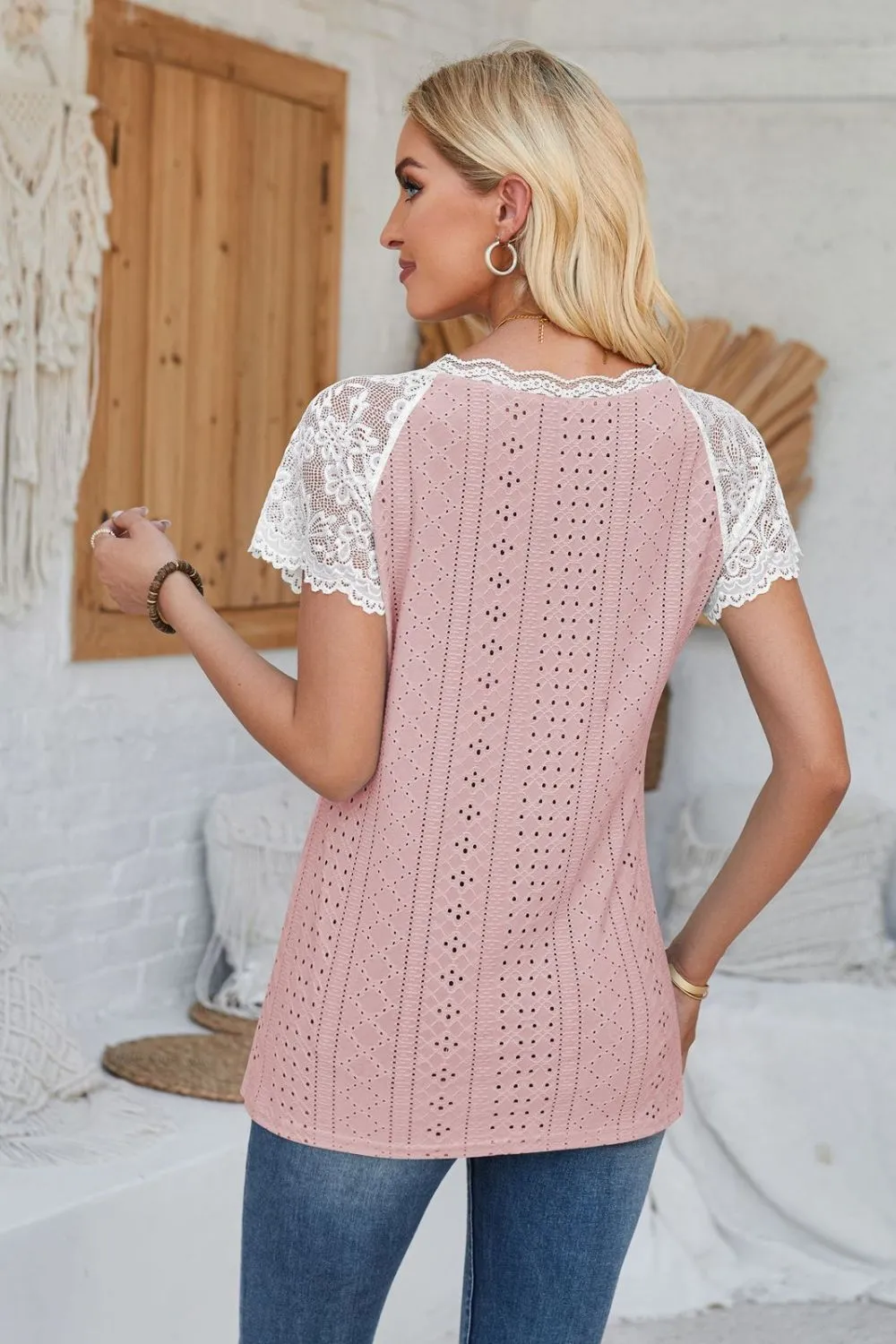 Eyelet V-Neck Lace Short Sleeve T-Shirt, image 25