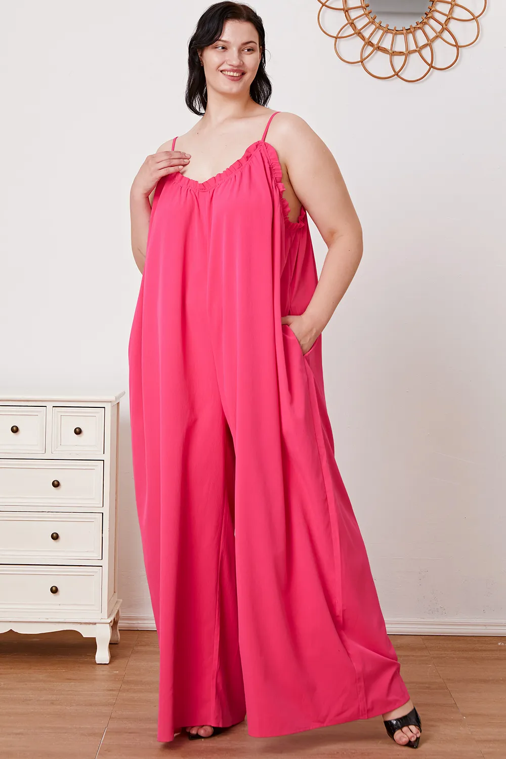 Full Size Ruffle Trim Tie Back Cami Jumpsuit with Pockets, image 15