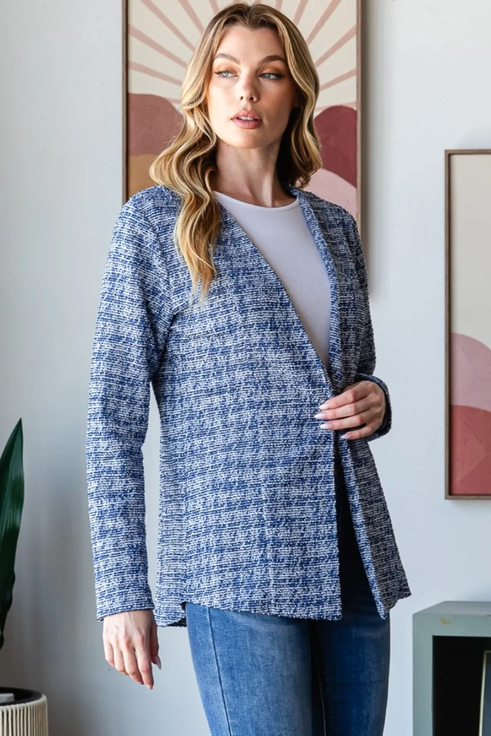 Full Size Houndstooth Tweed Open Front Blazer, image 3