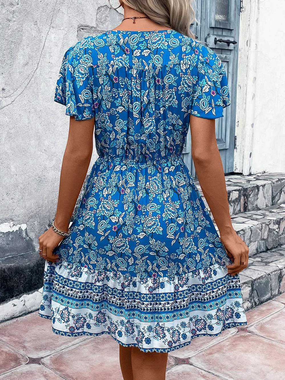 Printed V-Neck Flutter Sleeve Mini Dress, image 2