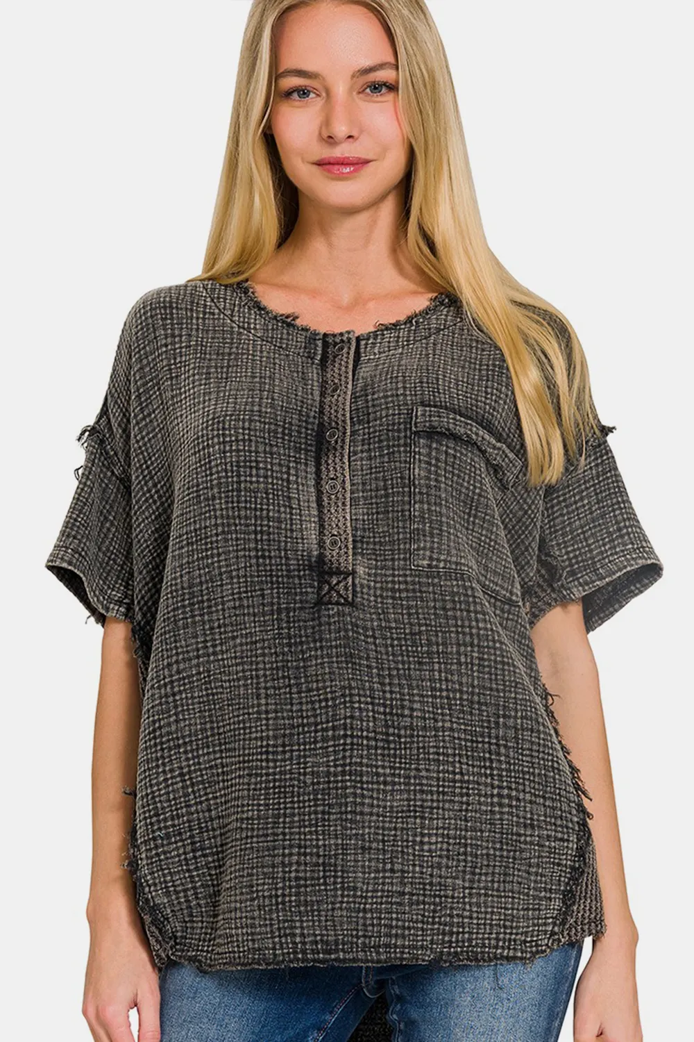 Washed Texture Half Button T-Shirt, image 2