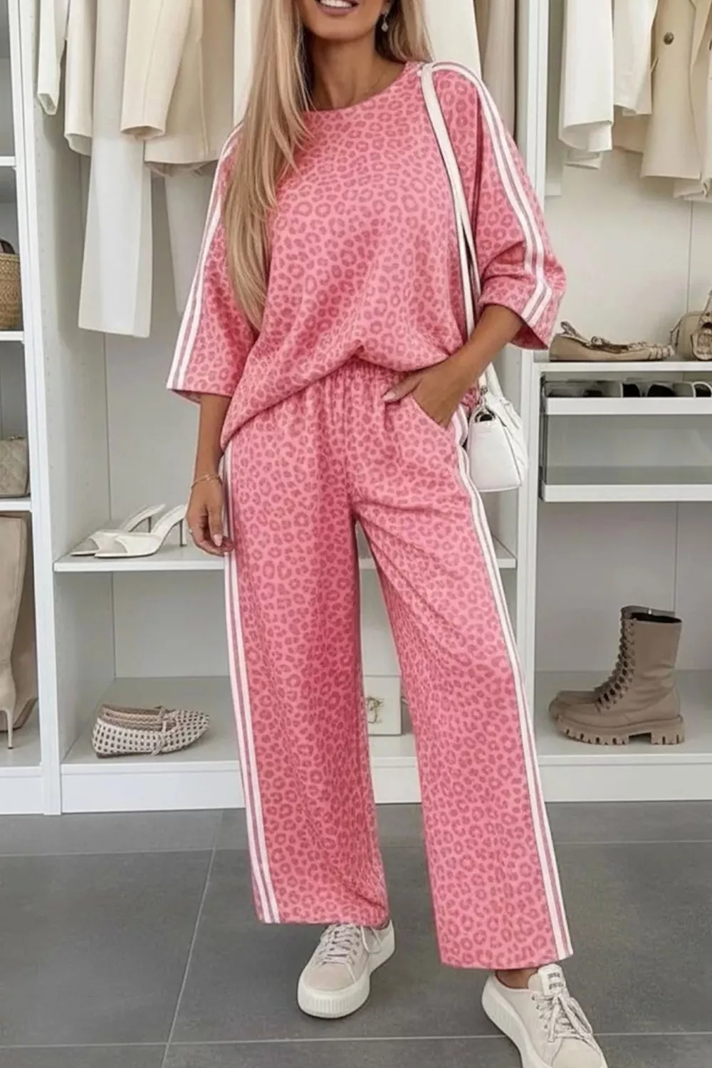 Leopard Print Casual Two-Piece Set with Side Stripes