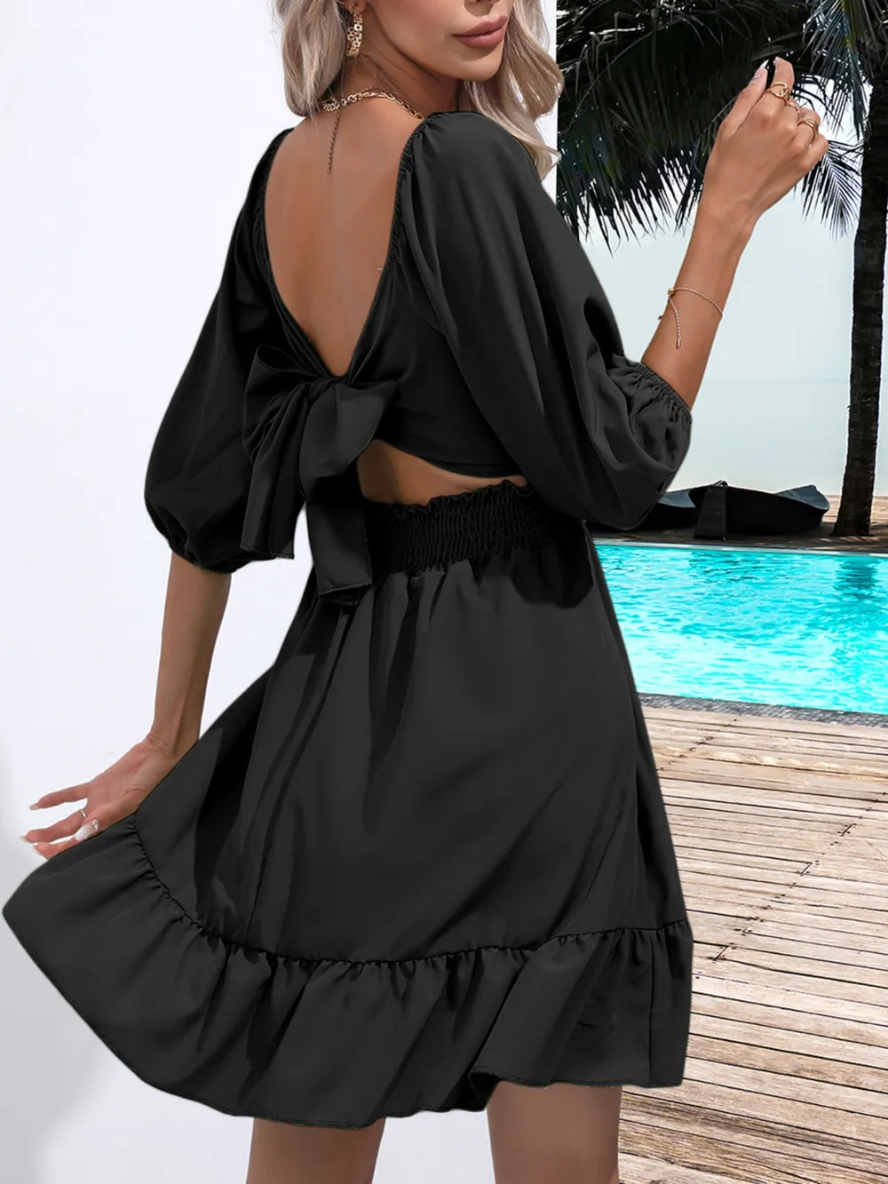 Tie Back Ruffled Hem Square Neck Dress, image 10