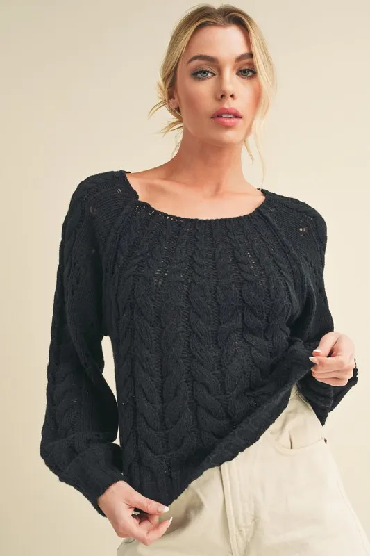Cable-Knit Openwork Round Neck Sweater, image 3